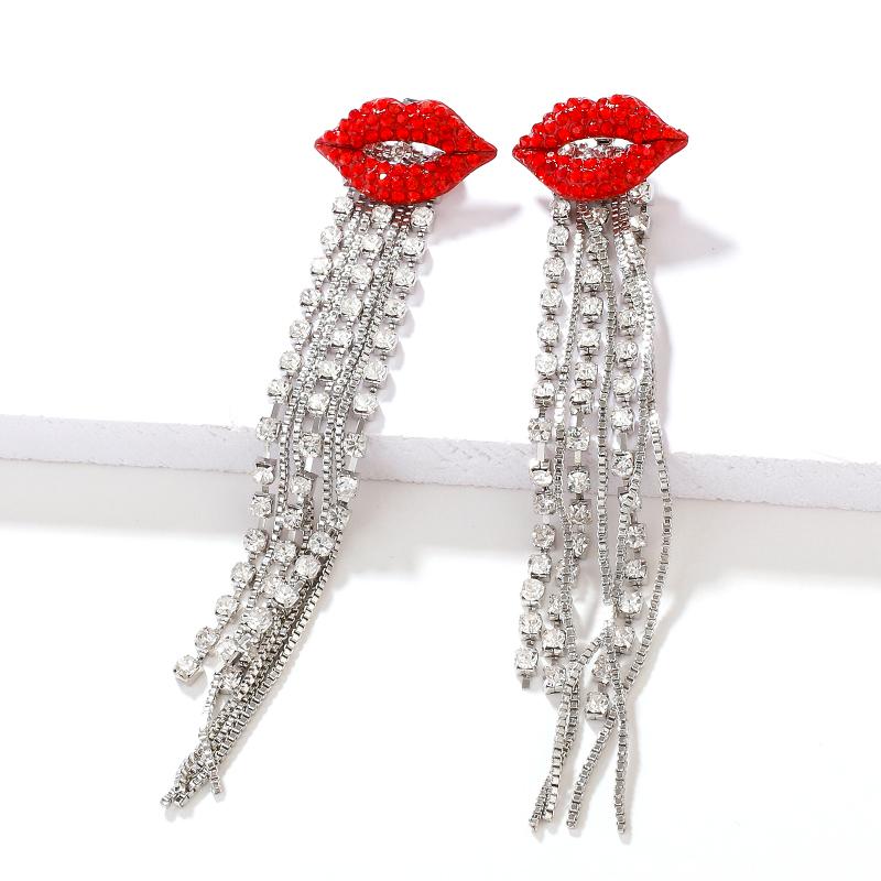 

AMORCOME Trendy Shiny Full Rhinestone Red Lips Drop Earrings for Women Crystal Mouth Long Chain Tassel Earrings Jewelry Gift