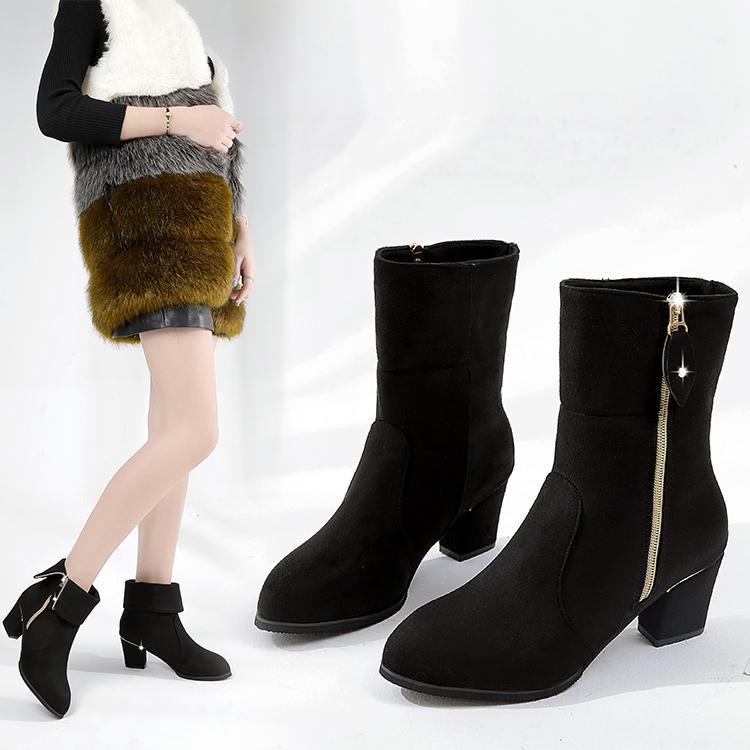 

High Heel Boots Booties Ladies Zipper Shoes Round Toe Winter Women Bootee Woman 2019 Heels Ankle Chunky Autumn1