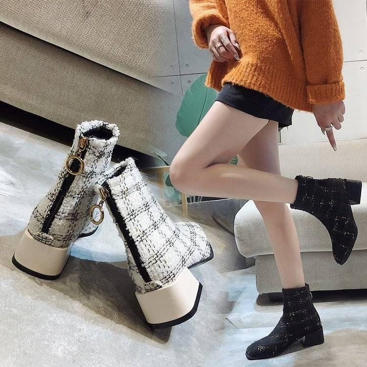 

Winter Riding Boots Women's Short Shoes Wild Plus Velvet Short Thick Heel 2020 New Fashion Boots Square Toe Winter High Heels, Black
