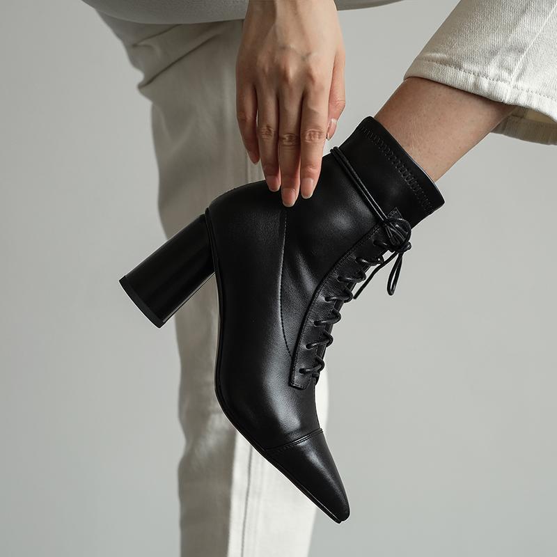 

Vintage genuine Leather Ankle Boots 2020 Autumn Winter poined Toe high Heels Shoes Cross Tied Office Lady Shoes Woman1, Beige