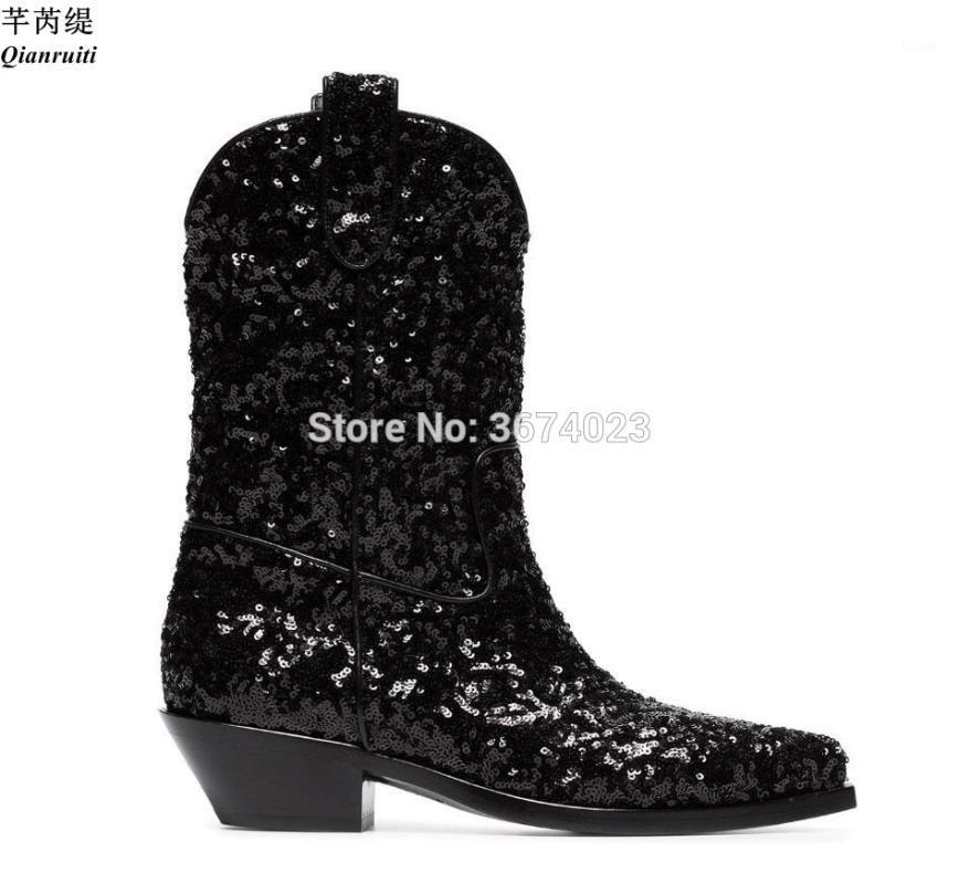 

Qianruiti Botas Mujer Glitter Boots Women Sequined Cloth Shoes Cuben Heels Pointed Toe Taxan Cowboy Boots Runway Autumn Winter1, As pics