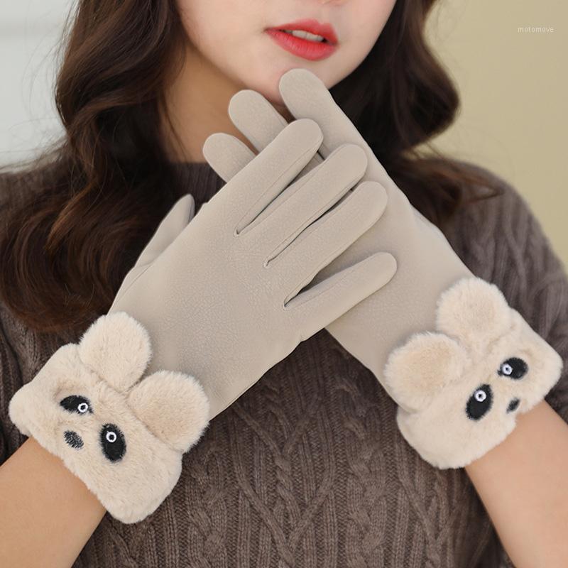 

New Women Gloves Autumn Winter Plush Furry Warm Mitts Full Finger Mittens Cute Bear Women Outdoor Female Touch Screen Gloves1