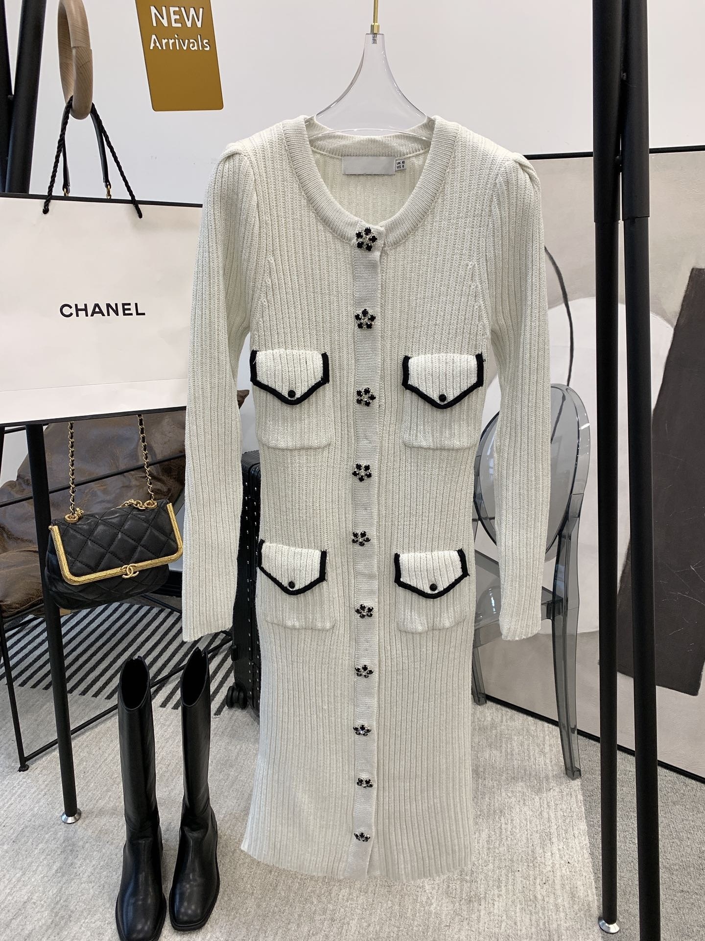 

Early spring new women's dress flower drill button long stretch wool skirt over knee knitted cardigan Long Sleeve Dress, White