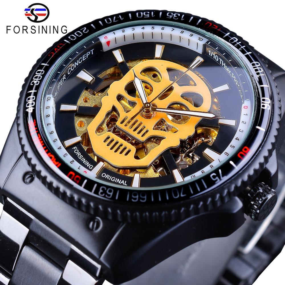 

Forsining Steampunk Golden Luminous Skull Black Stainless Steel Skeleton Open Work Mens Automatic Watches Top Brand Luxury Clock