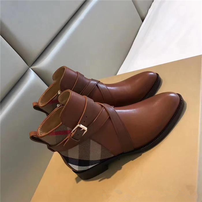 

2020 Genuine Leather casual boots women shoes Martin boots Plaid stitching Upper is imported calfskin Plaid stripe women Short boots, Black genuine leather