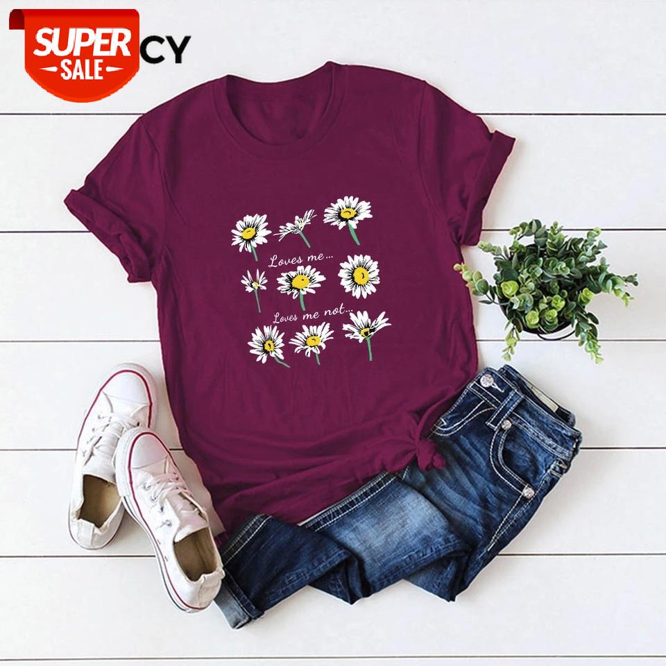 

JFUNCY Daisy Print Short Sleeve Women's T-shirt 100% Cotton T-shirts Women Summer Tee Shirts Woman Tops Plus Size Casual T Shirt #iB62, White
