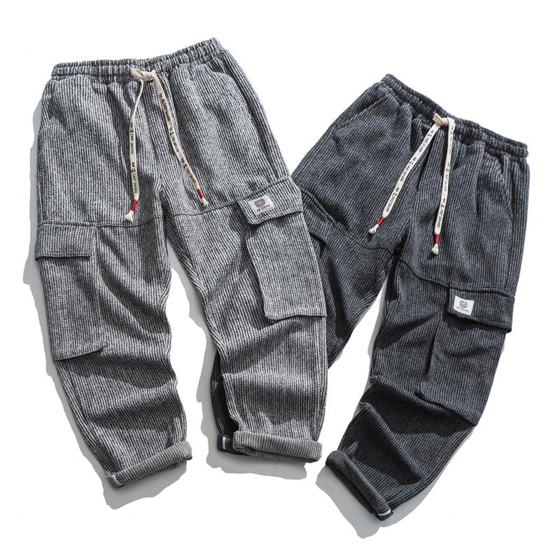 

Neploha Winter New Stripe Solid Color Pants Man Thickened Oversize Warm Trousers Chinese Style Male Fashion Cargo Pants, Black