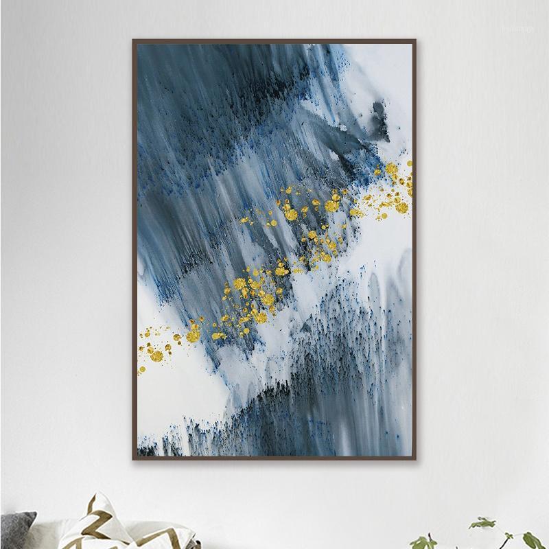 

Water Color Modern Abstract Blue Gold Foil Canvas Art Fashion Poster and Print Golden Painting for Living Room Navy Decor 3-971