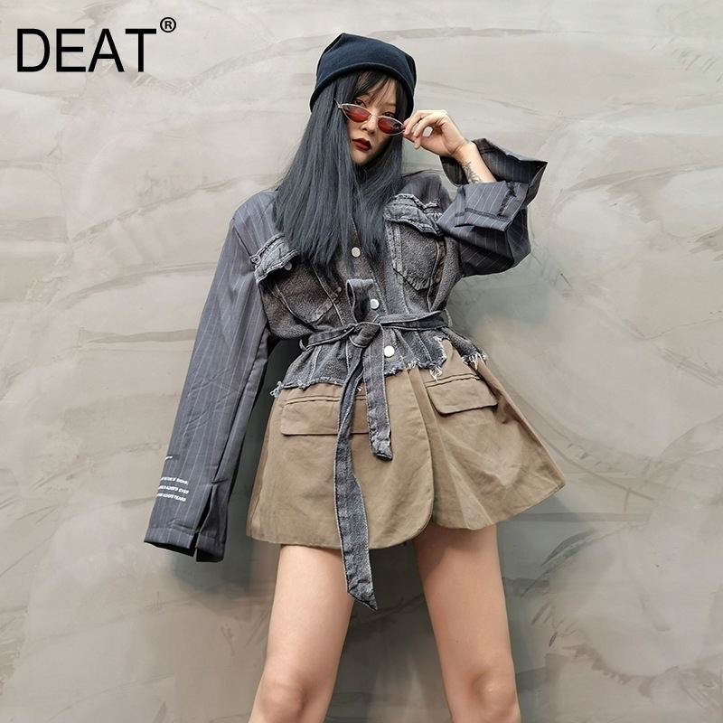 

DEAT Suit Jacket Women's Patchwork Denim Hit Collar High Street With Sashes Full Sleeve Notched New Autumn Fashion TU652 201201, Black