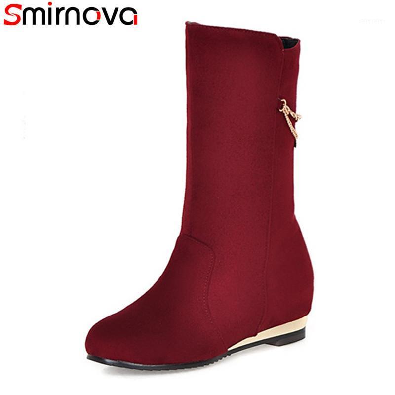 

Boots Smirnova 2021 Arrival Mid Calf Wine Red Black Metal Decoration Height Increasing Heels Women's Winter Shoes1