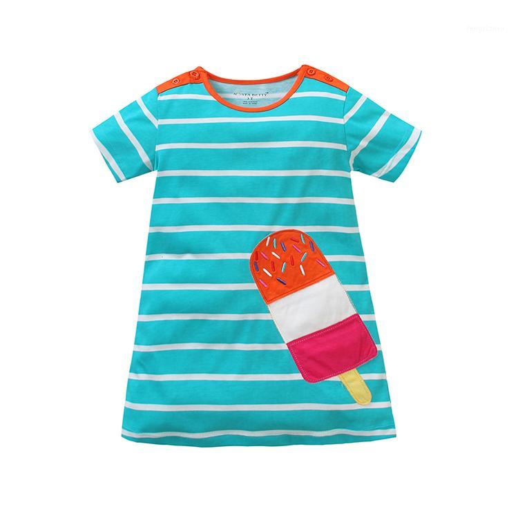 

Summer Girls Dress Pink Stripe Baby Girls Dresses Dolphin Embroidery Kids Home Wear1, Blue