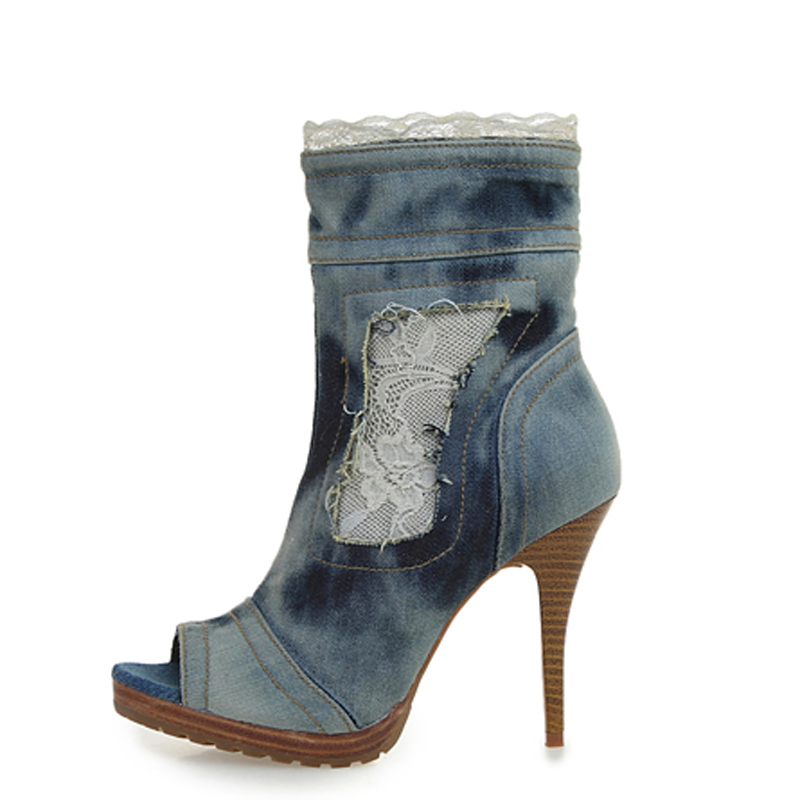 

Retro Denim Sexy Pano Lace Patchwork Ankle Peep Toe Women's Spring Gladiator Thin Heeled Shoes Short Boots Imck, As pic