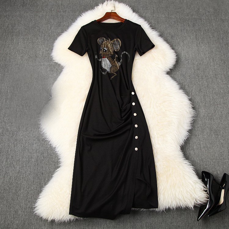 

2021 Spring Summer Short Sleeve Round Neck Black Cartoon Mouse Hot Drilling Draped Buttons Mid-Calf Dress Elegant Casual Dresses LM26T108522006507