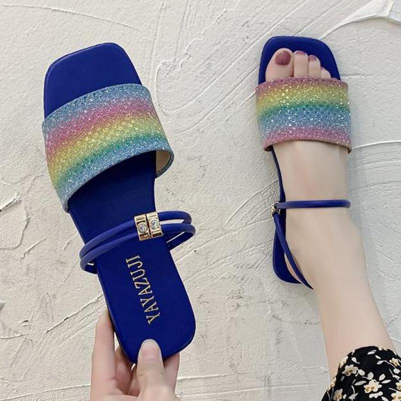 

2021 Summer Women Flat Slippers Bling Rhinestone Slides Outside Holidays Sandals Flip Flop Zapatillas Mujer Casa, Black a