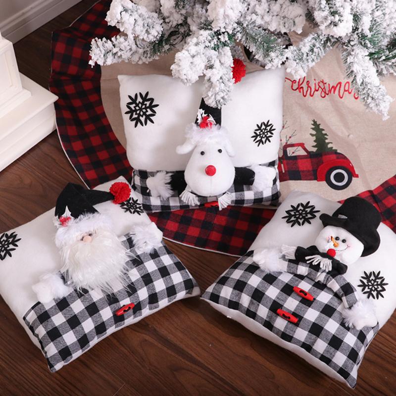 

Black White Lattices Pillow Santa Claus/Snowman/Deer Christmas Furnishing Living Room Cushion Printed Cotton Sofa Mats