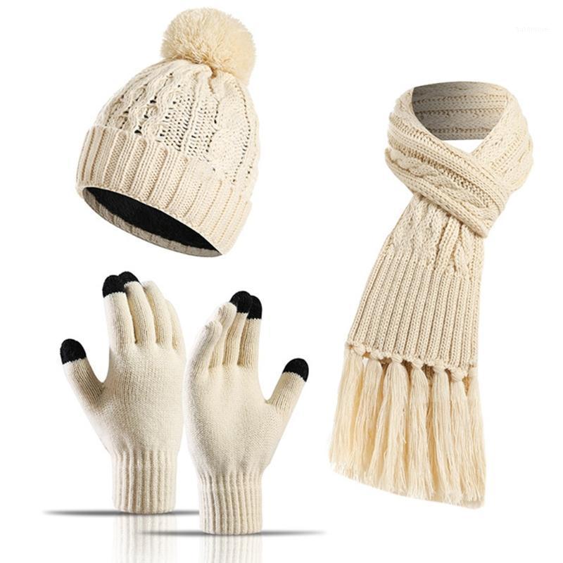 

Women Winter 3Pcs Beanie Hat Tassel Long Scarf Touch Screen Gloves Set Colorful Knit Plush Lined Pompom Cap Neck Warmer1