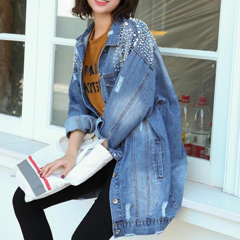 

2020 Autumn fashion Pearl Beading Ripped Denim Jackets women loose Casual Jeans Jacket, Blue