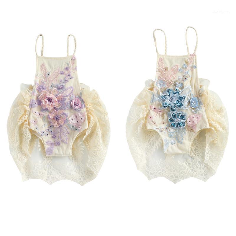 

0-24M Baby Girls Boys Romper Dress One Piece Flowers Lace Pearl Print Sleeveless Ruffles Jumpsuits1, Blue