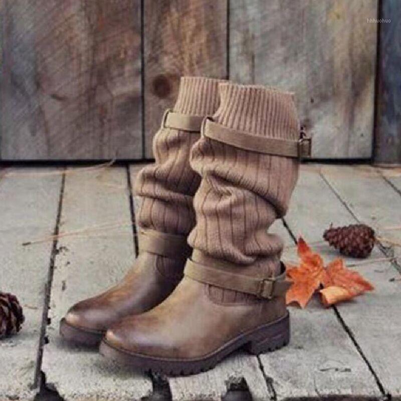 

35-43 Shoes Woman Large Size round-Toe Boots Warm Fabric Joint Sleeve Fashion Solid Color Luxury Designer Shank1, Dark brown