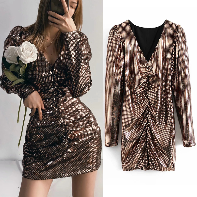 

2021 New Rose Gold Sequin Party Women Winter Ruched Long Sleeve Mini Sexy Dresses Ladies Slim Vintage Glitter Dress 3chc