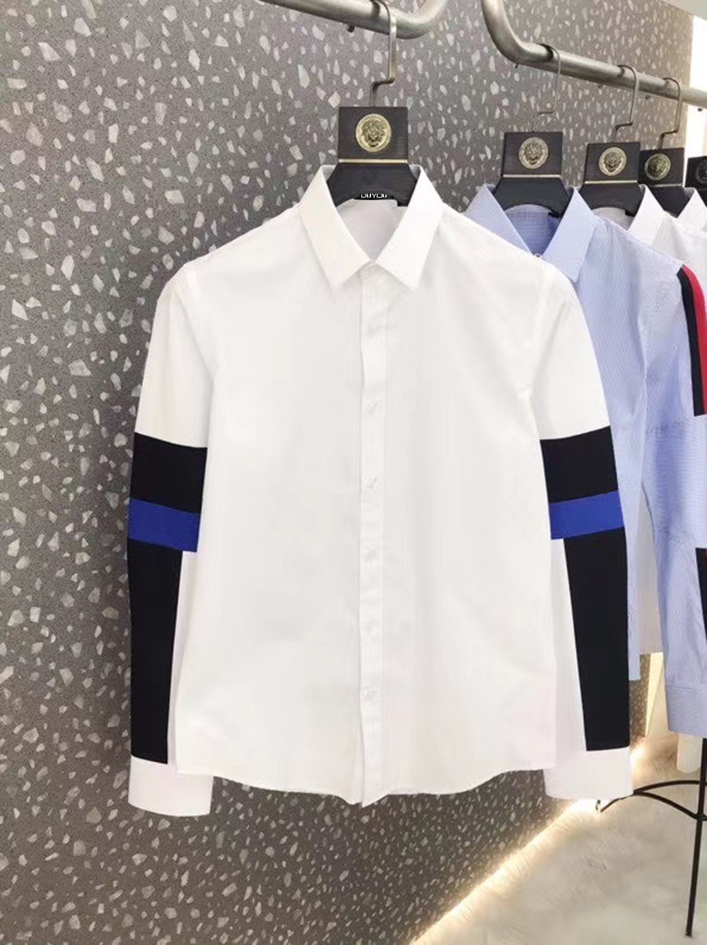 

Cotton Shirt with Blue and White Arm Contrasting Print Men's Slim Fit Striped Style Long-sleeved Shirt| 219109576 8gqk
