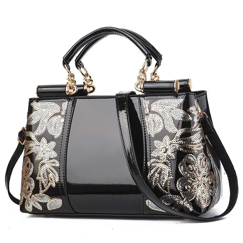 

2021 Women's Leather Sequins Embroidered Shoulder Bag Messenger Female and Purse Q8cr, Black