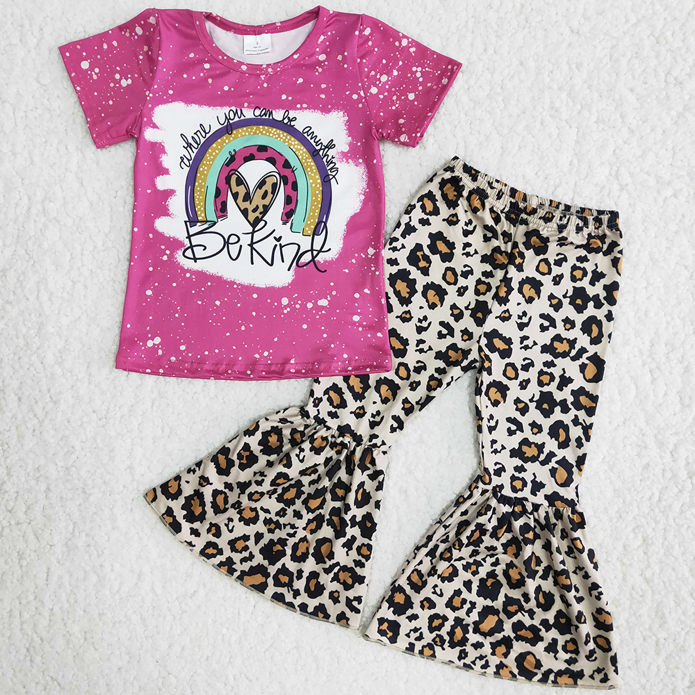 

Hot Sale Girls Clothing Short Sleeves Rainbow Printed Tops Leopard Bell Bottom Pants Toddler Girl Clothes Set Wholesale Children Clothing, Multi