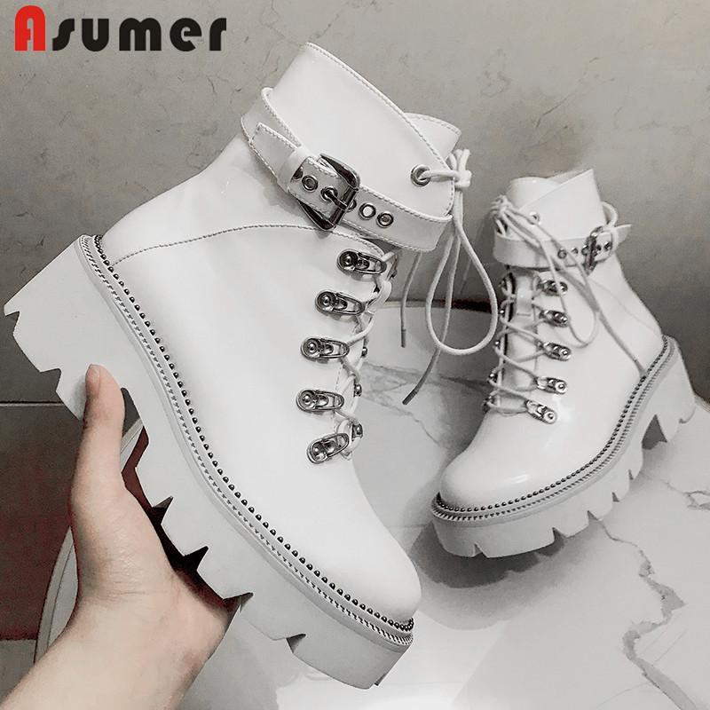 

Asumer 2020 new arrival patent leather ankle boots women square heels platform shoes fashion punk Motorcycle Boots female, Black