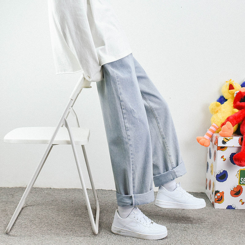 

Men's Brim 2021 Spring and Winter Straight New Flat-leg Retro-leg Scrubbing Brem Pants Fashion Young Clothes 4MAO, Light blue.