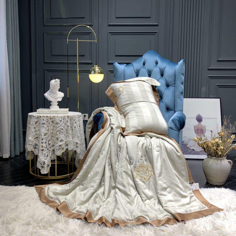

2020 Luxury Tencel Summer Stripe Quilt Set Embroidered Thin Duvet Super Soft Smooth Comforter Pillowcases set Queen size 1/3pcs, Cj7