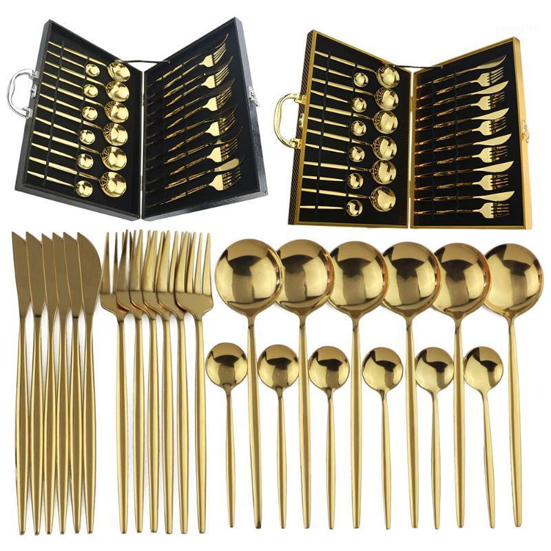

24pcs Gold Dinnerware Set 18/10 Stainless Steel Flatware Set Knife Fork Spoon Cutlery Kitchen Tableware Silverware With Gift Box1