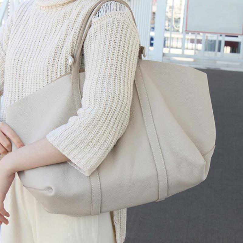 

Vintage Soft Genuine Leather Shoulder Bag Women Office Ladies Big Capacity Bucket Handbags High Quality Cowhide Tote Bags, Beige
