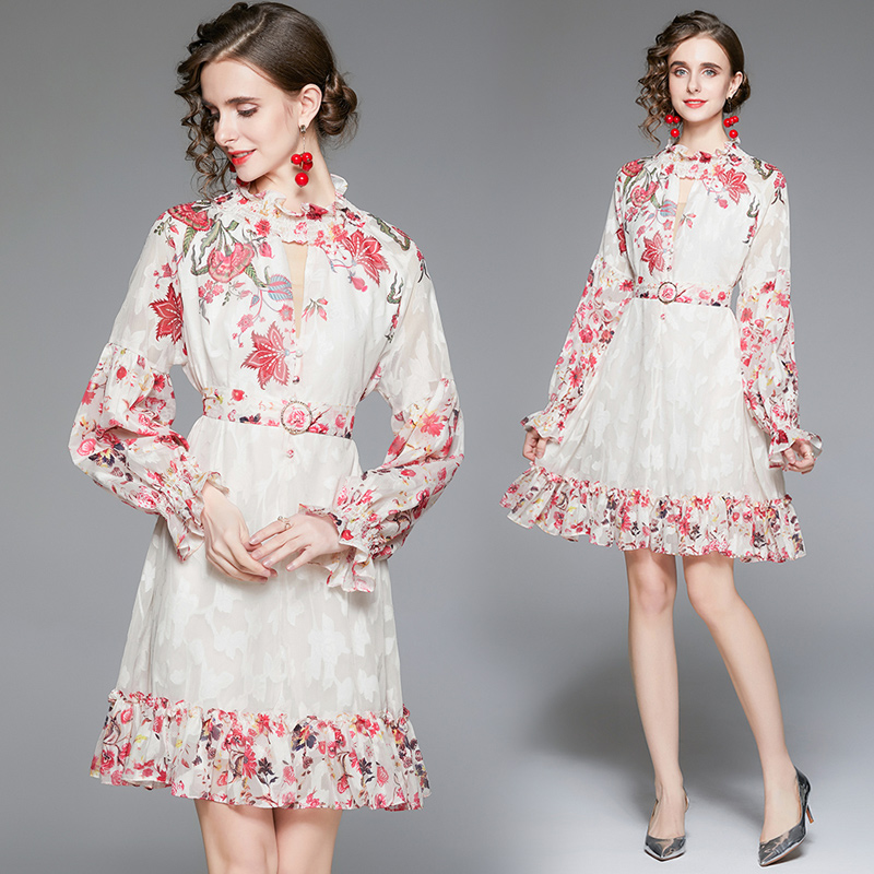 

Boutique Floral Dress 2022 Spring Autumn Womens Printed Dress Long Sleeve High-end Trend Girl Dress Retro Lantern Sleeve Dresses, Black