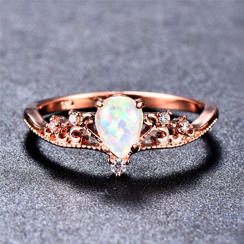 

Bamos Luxury White Oval Fire Opal Ring Rose Gold Filled Engagement Rings Cubic Crown Wedding Bands For Women Love Birthday gift