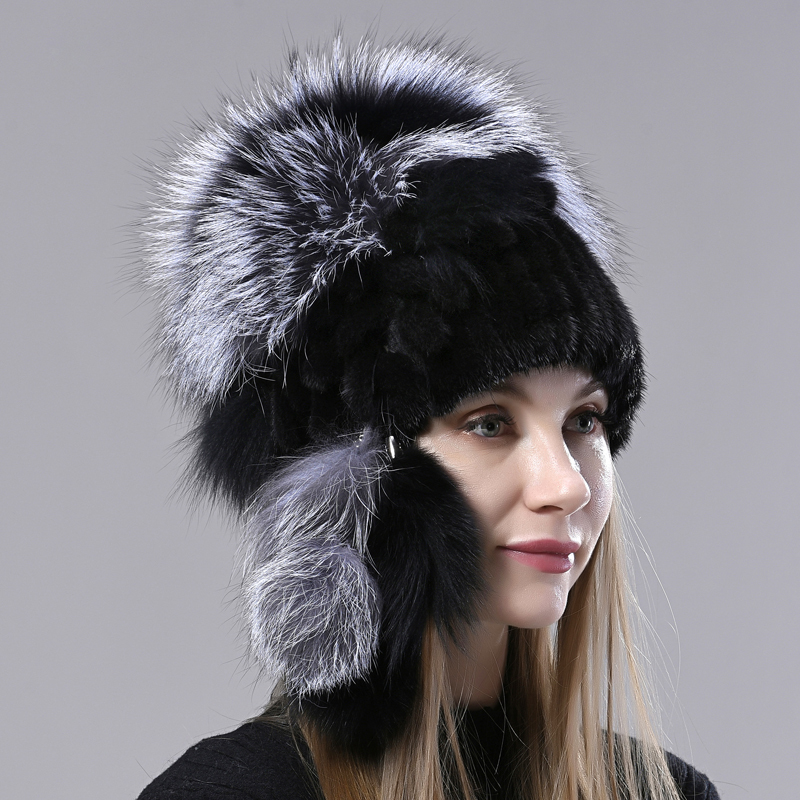 

Skin of natural knitted or crocheted mink with girly tail girl fashion women's royal fur hats