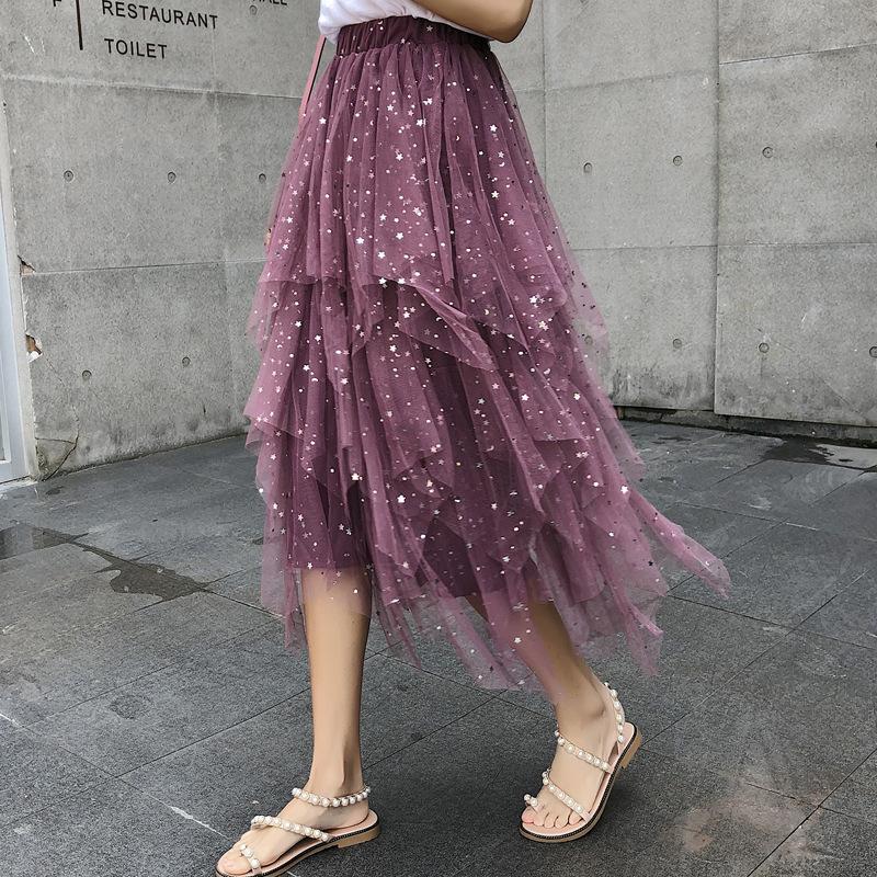

Flash Female 2020 of Irregular Summer Women' Skirt Five-pointed Star Skirt for Female Solid Color Yarn, Black