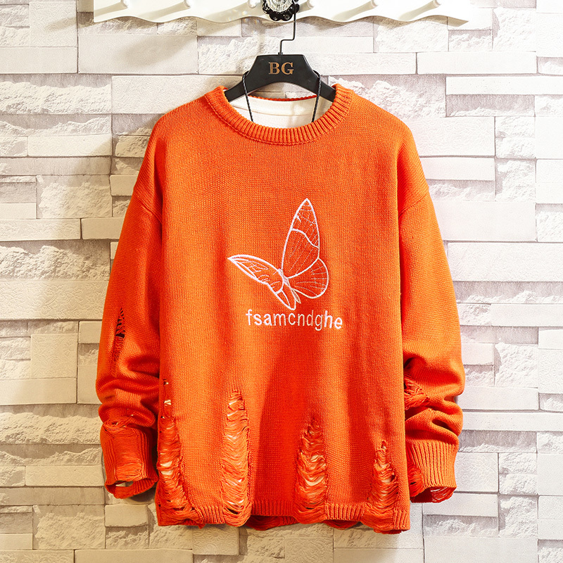 

2021 New Autumn torn men print hole oversized knitted shirt irregular hip hop punk design women's mesh DEDI, White.