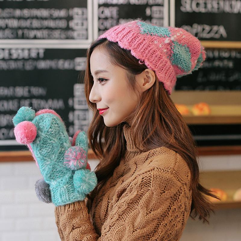 

Mitten hat Suit for women Outdoor winter warm hat beanie Cap acrylic knit cap matching color student cute poop, Yellow