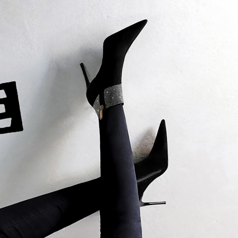 

European and American fashion sexy slim stiletto high heel suede pointed toe cost-effective lapel rhinestone short boots, Black