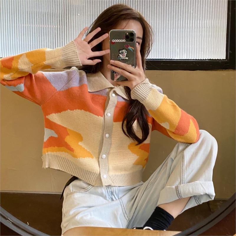 

2020 Autumn Winter Women Sweater Turn Down Collor Fashion Print Casual Long Sleeve Button Female Kintted Short Cardigan, Turquoise