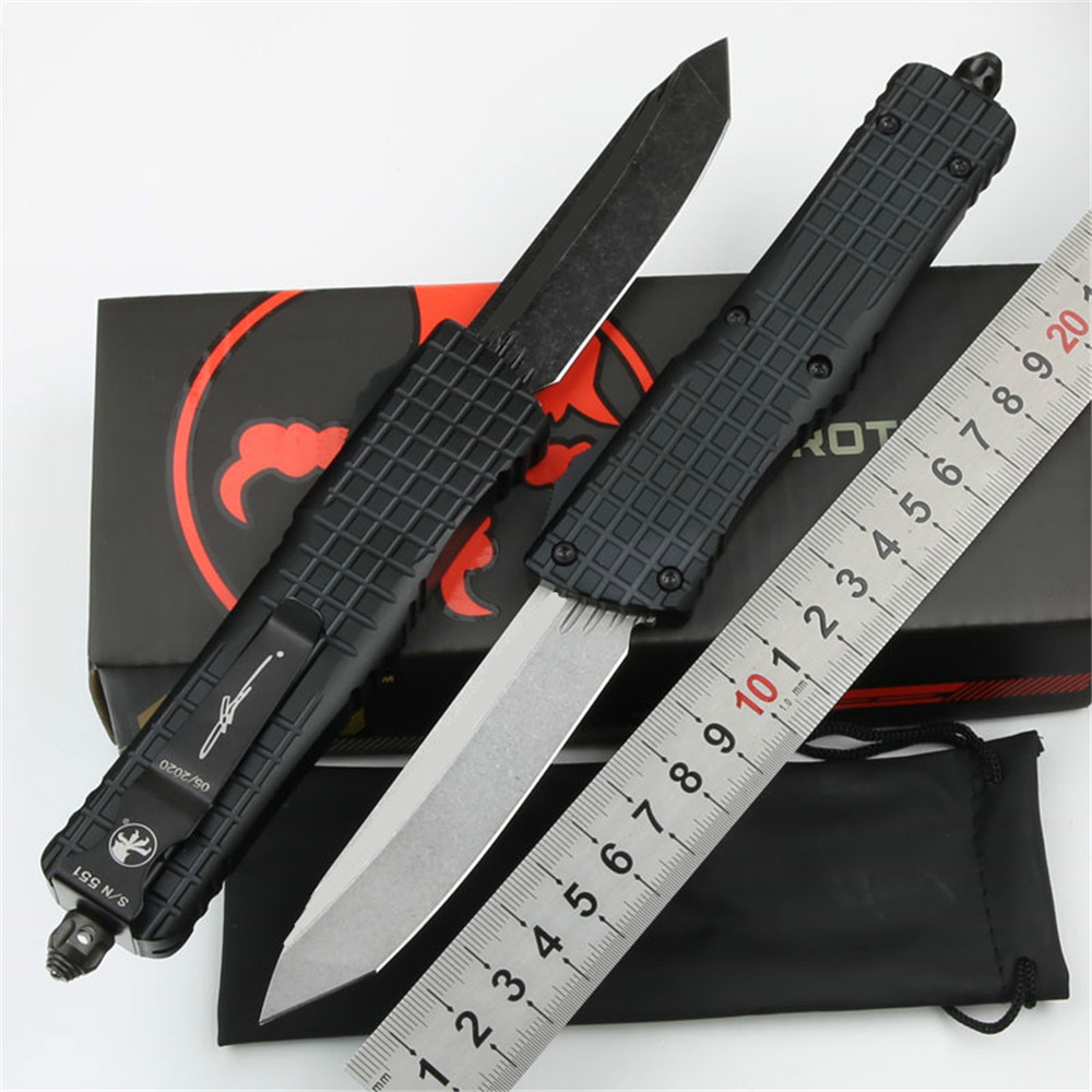 

Microtech outdoor camping knife T head D2 blade Aluminum alloy handle stone wash hunting edc automatic knife
