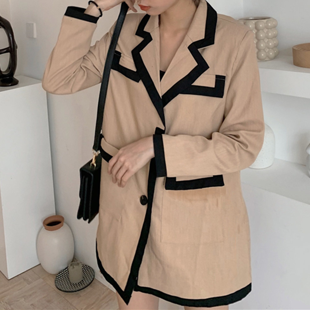 

2021 New Korean Version Blazer Fashion Contrast Single-breasted Collar Long Sleeve Suit 0XI6, Khaki