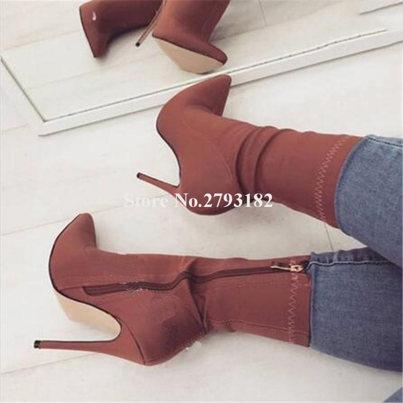 

Ladies Sexy Pointed Toe Bandage Suede Thin Heel Short Boots Blue Grey Sock Slim Super High Heel Ankle Boots Club Shoes, Black