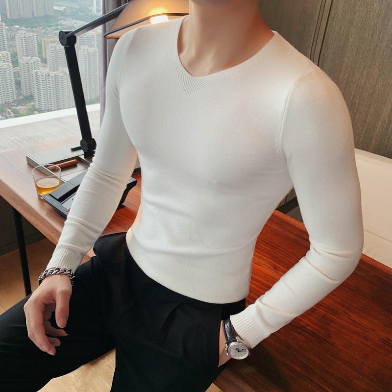 

V-neck Solid Color Sweater Men's 2021 Autumn and Winter New Long-sleeved Men's Sweater V-neck Fashion Casual Slim Pullover, Gray