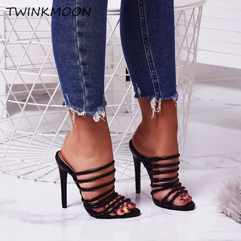 

Fast Delivery Narrow Band Gladiator Sandals Women Stiletto High Heels Shoes Black Nude Slip On Open Toe Summer Celebrity Sandals