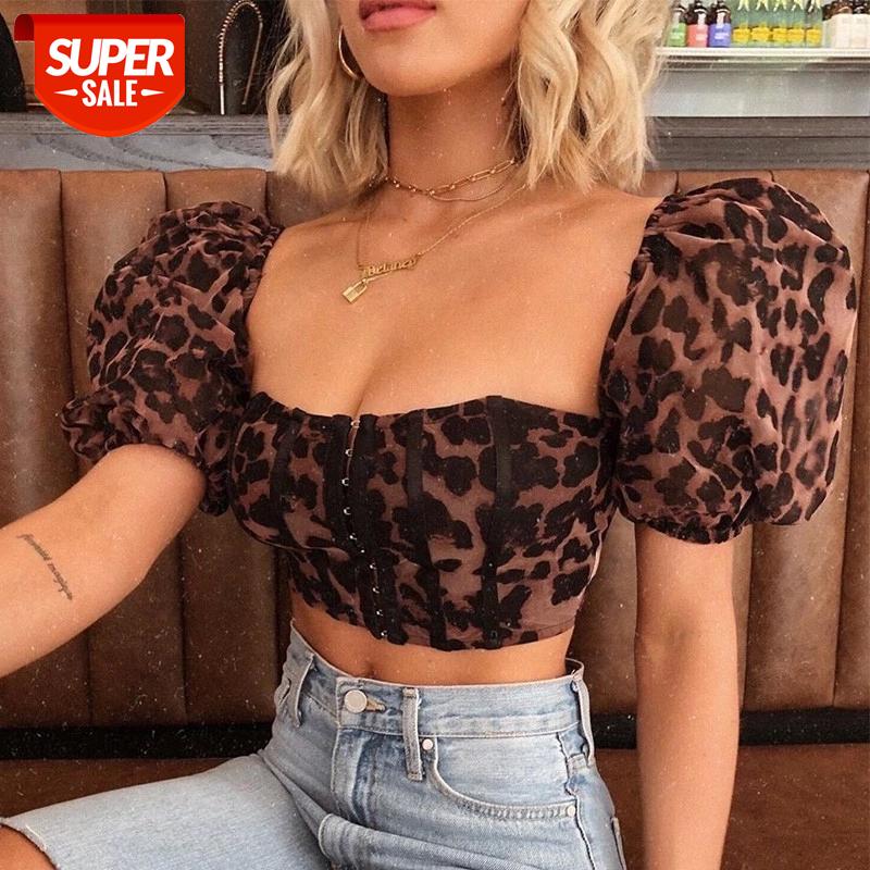 

HIRIGINLeopard Print T-shirt 2021 Sexy Women Short Puff Sleeve Crop Tops Square Neck Buttons Up Bodycon Club Streetwear Tees #0L0G, White