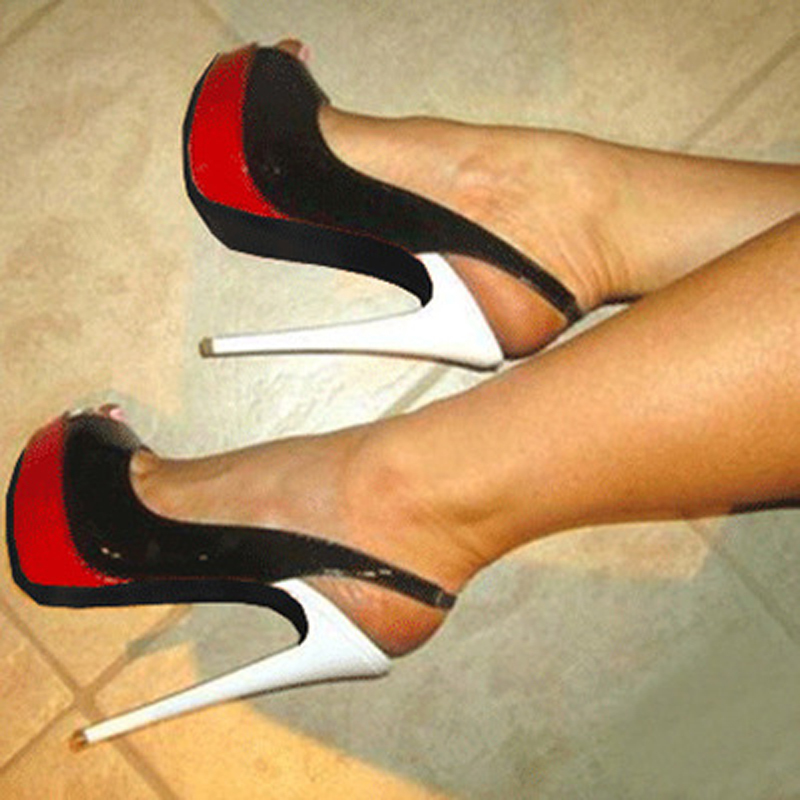 

Sexy Contrast Women Dye Patched Pumps Patent Leather Stylish Red Platform Super High Heels Ladies Party Bombs Shoes Ld3g, As pic