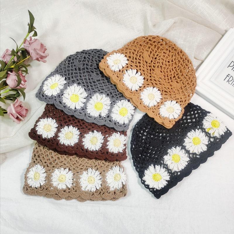 

Beach Hat New Small Chrysanthemum Sun-Proof Sun-Proof Hand-Knitted Hat Women Hollow Ins Daisy Embroidery Girl