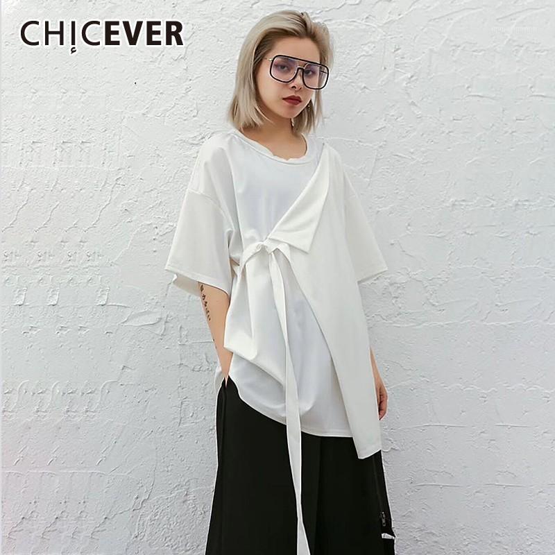 

CHICEVER Summer Casual Solid Women T-shirt Patchwok Lace Up Bow O Neck Short Sleeve Loose Plus Size Female Top Clothing 2020 New1, Black