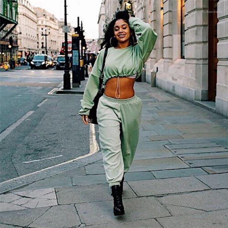

Women Sweat Suit Crop Sweatshirt And Trousers Tracksuit 2 Piece Outfits Autumn Winter Fashion Two Piece Set Top And Pants1, Green